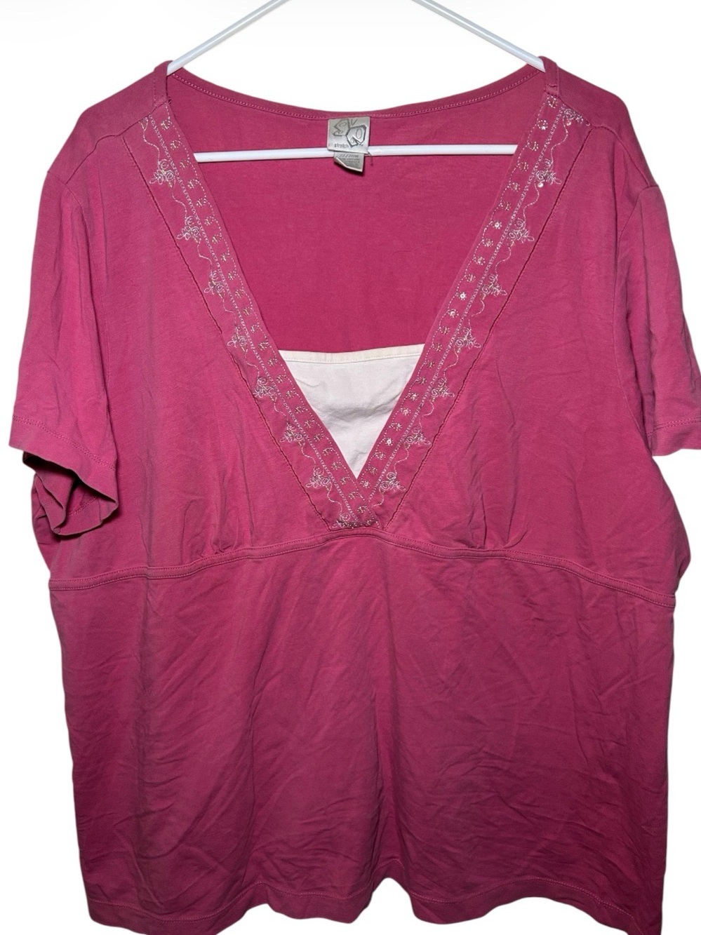 Plus‎ Size 22/24 Deep V Pink Embroidered Trim Top Layered Casual Comfort Stretch